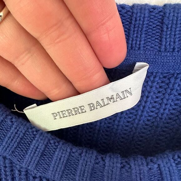 Pierre Balmain Women’s Fine Indigo Blue Heavy Weight Cable Knit Crewneck Sweater - Picture 6 of 8